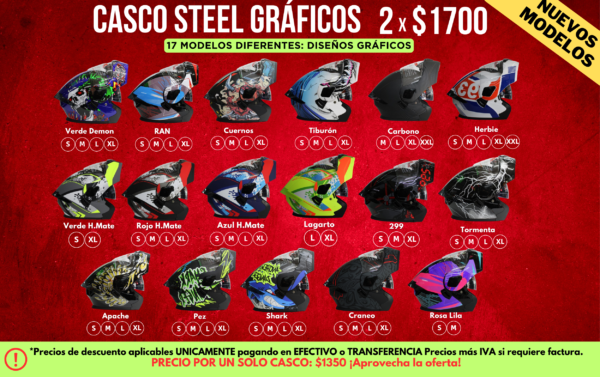 Promoción Cascos steel modelos gráficos 2 X 1700